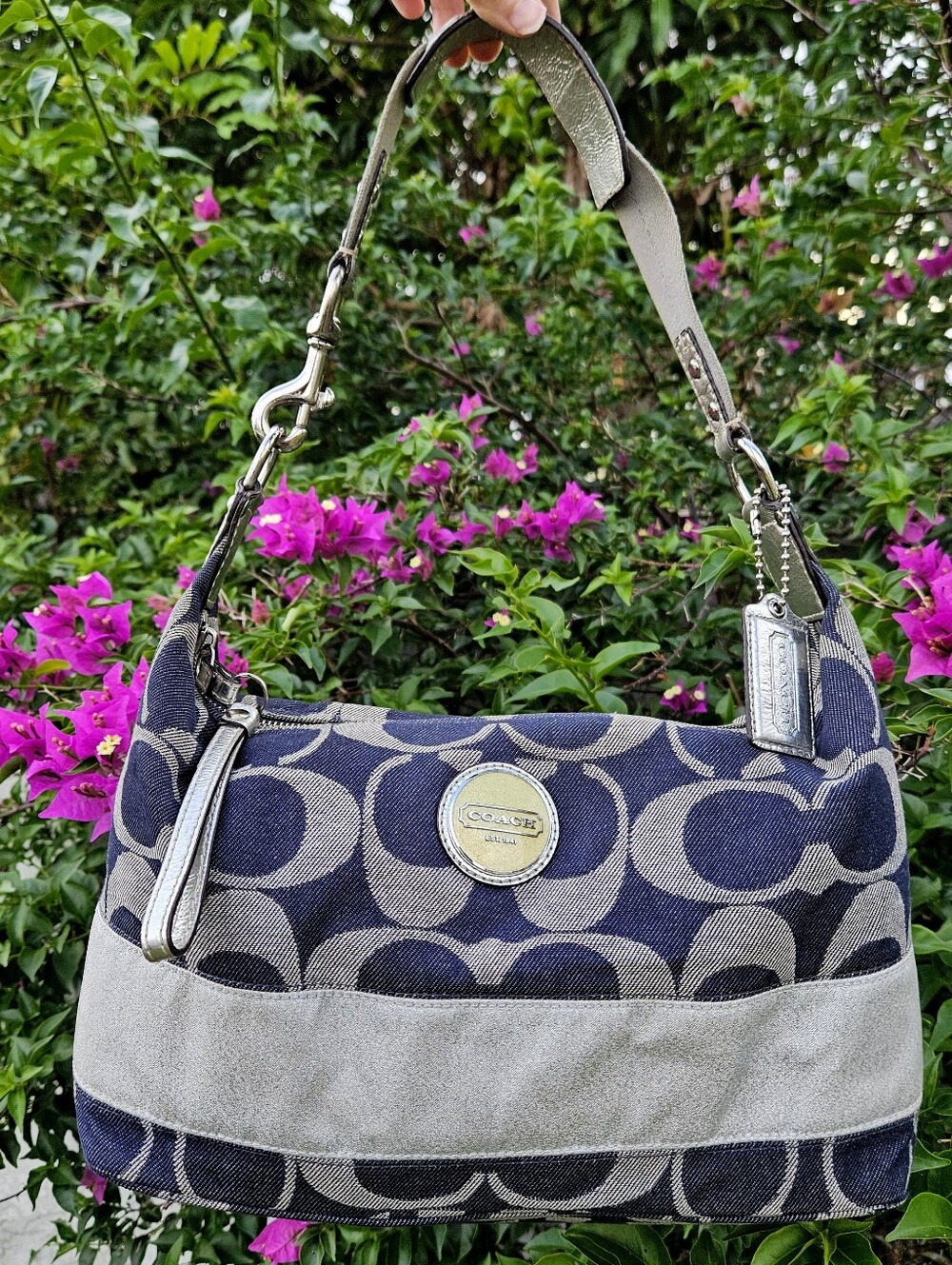 Coach F17434 Blue Denim Signature Jacquard Shoulder Bag Silver Trim Hangtag